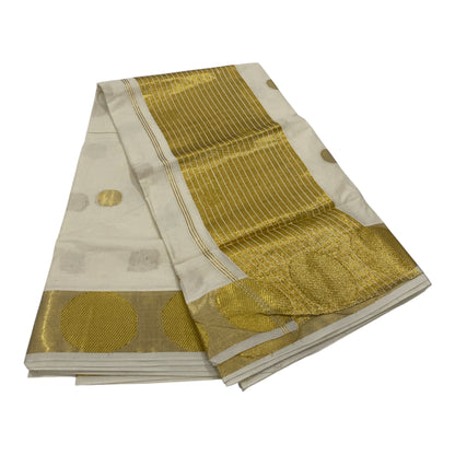 Premium Cotton Saree in Off-White with Golden Buttas and Polka Dot Border