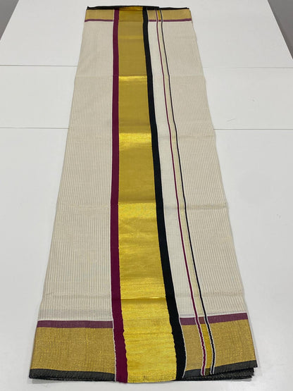 Onam cotton saree off white body with thin stripes and black gold wine border front view