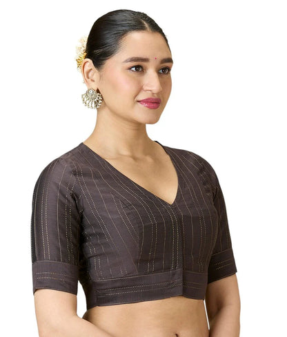Grey Cotton Silk Blend Ready-to-Wear Saree Blouse with Zari Stripes – V Neck, Elbow Sleeves