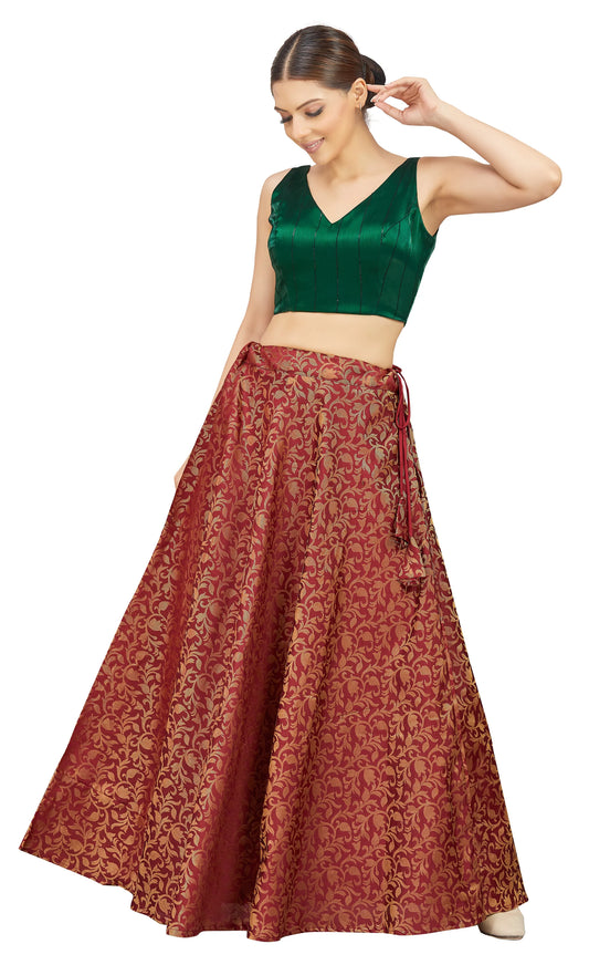 Maroon Banaras Brocade Long Skirt with Gold Floral Weave | Free Size