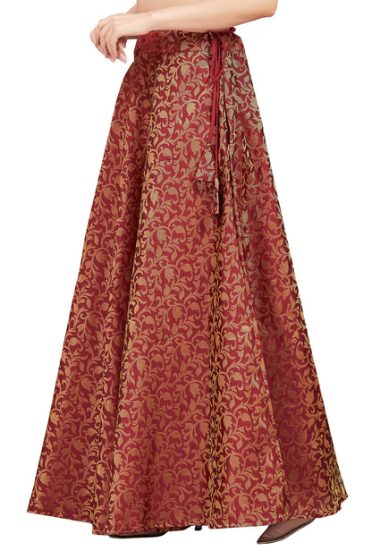 Maroon Banaras Brocade Long Skirt with Gold Floral Weave | Free Size