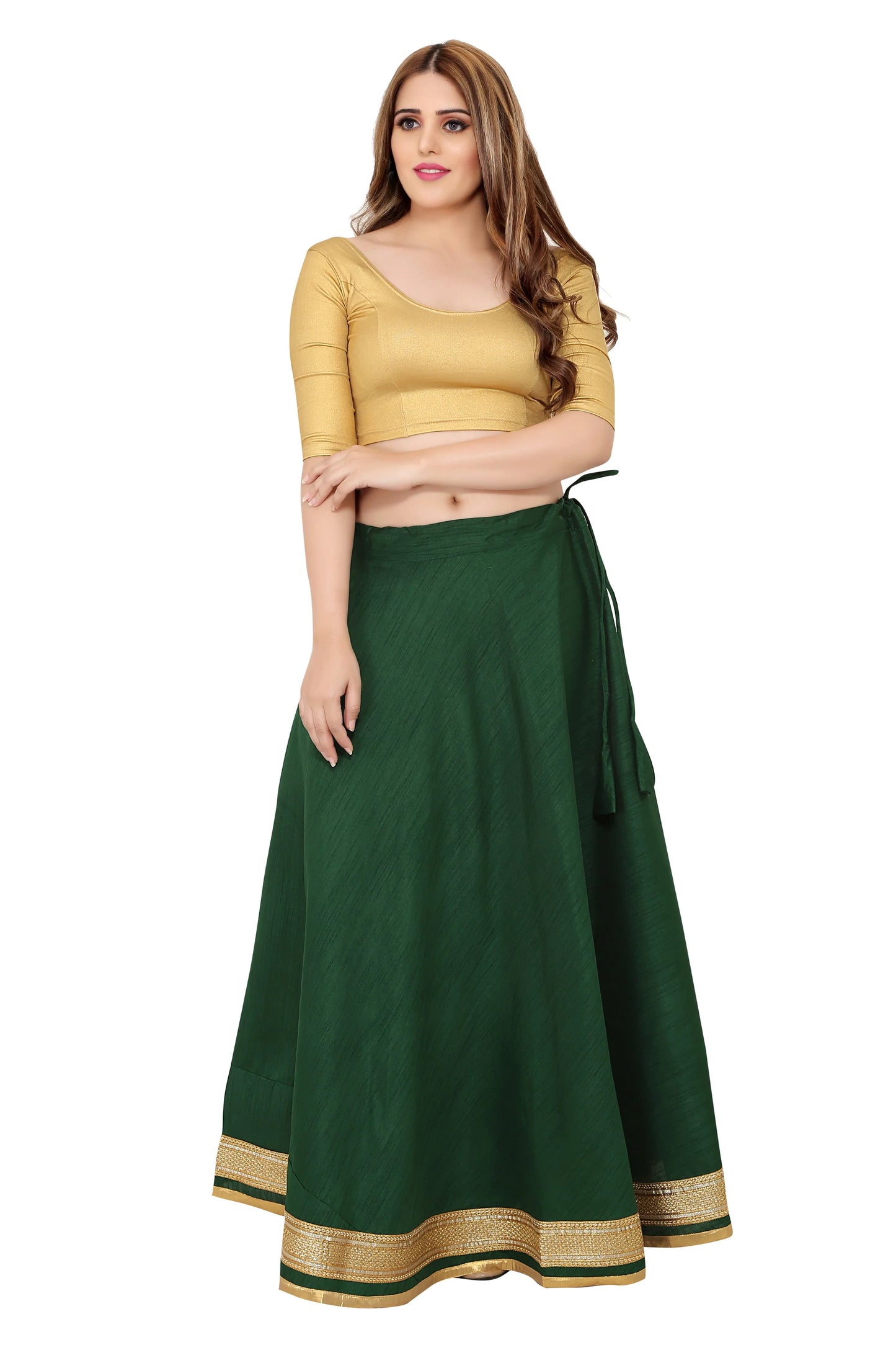 Green Raw Silk Lehenga Skirt - Free Size
