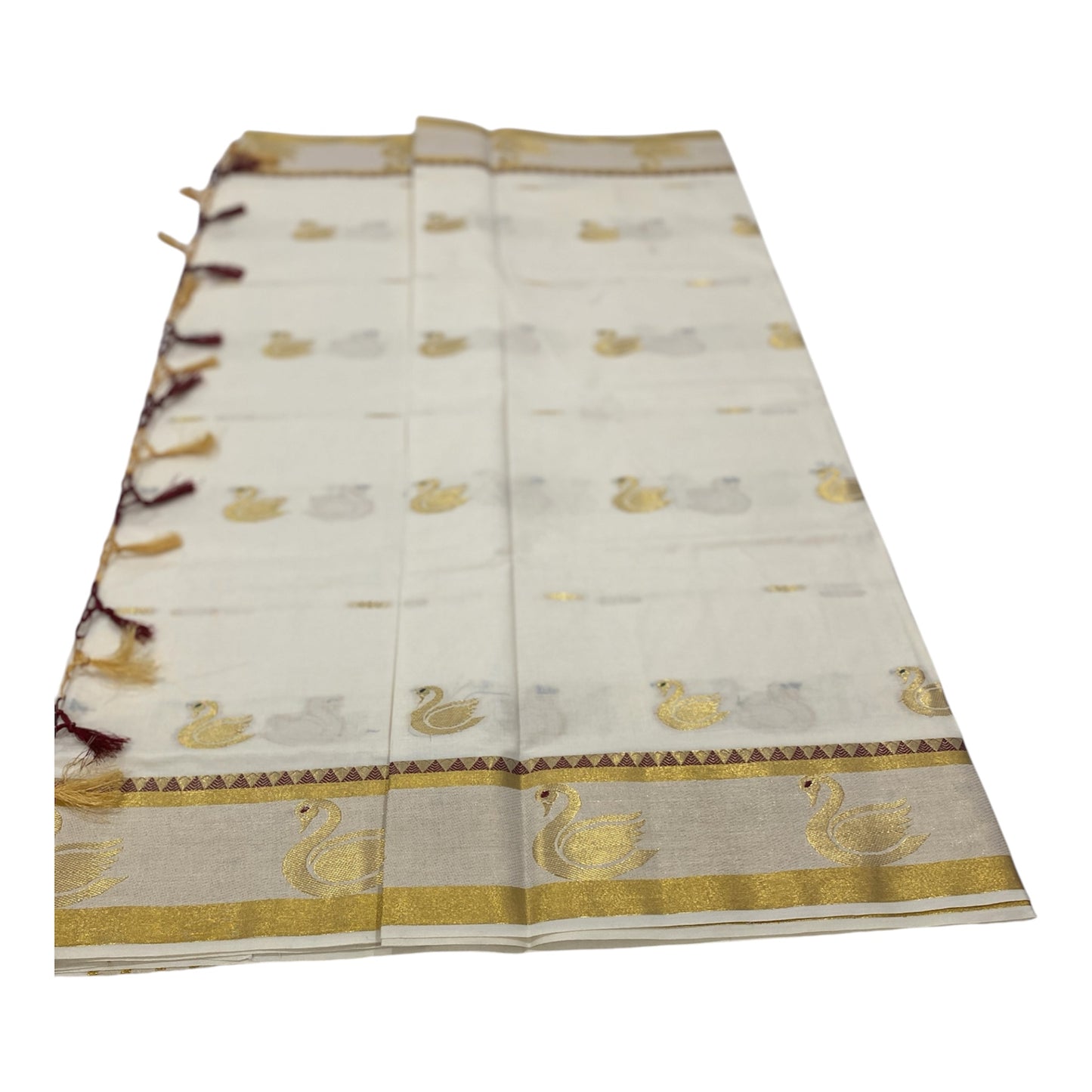 Premium Onam Cotton Saree in White with Golden Swan Buttas