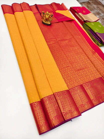 Kanchi Fancy Semi Silk Saree | Yellow and Red Saree