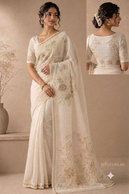 Fancy Chanderi Saree in Off White with Rich Embroidery Work