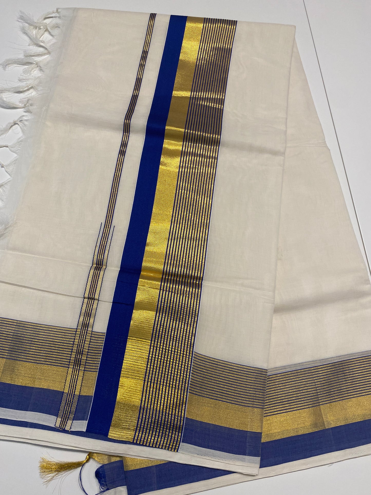 Handloom Kerala Set Saree for Onam with Gold and Blue Zari