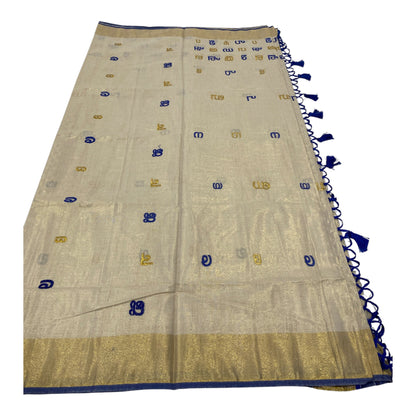 Malayalam Heritage Onam Saree with Royal Blue Letter Motifs and Tassels
