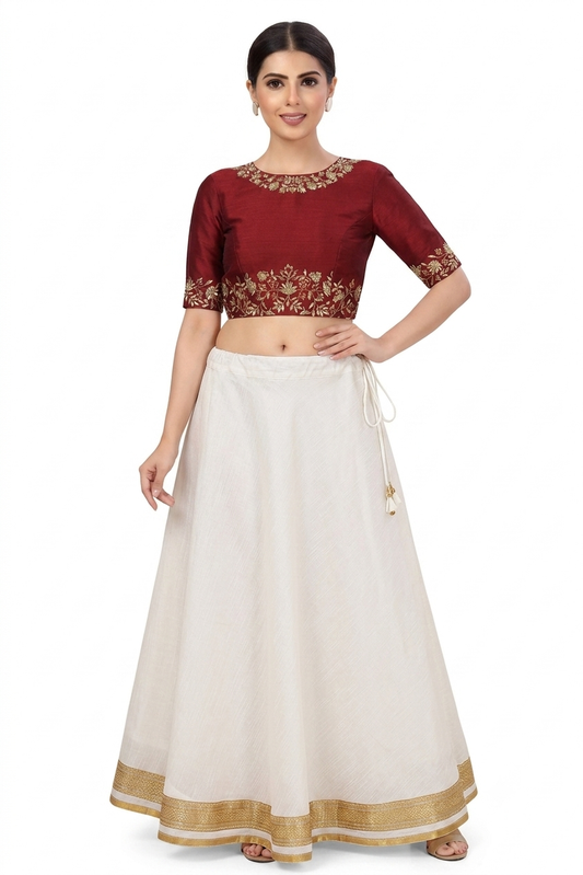 White Raw Silk Lehenga Skirt - Free Size
