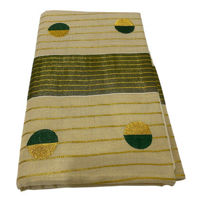 Tissue Saree in Cream with Bottle Green and Gold Buttas