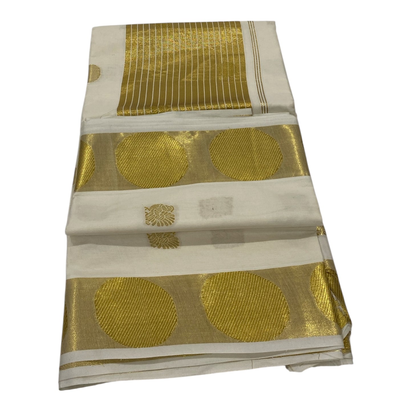 Premium Cotton Saree in Off-White with Golden Buttas and Polka Dot Border