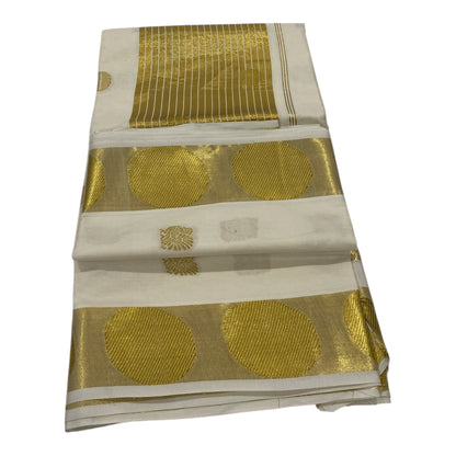 Premium Cotton Saree in Off-White with Golden Buttas and Polka Dot Border