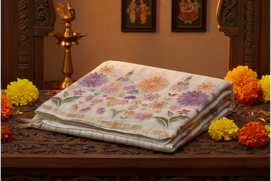 Fancy Chanderi Saree in Off White with All-Over Thread Work