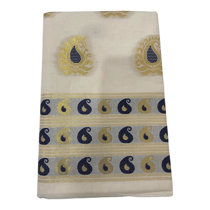 Premium Cotton Saree in Cream with Gold and Navy Blue Buttas