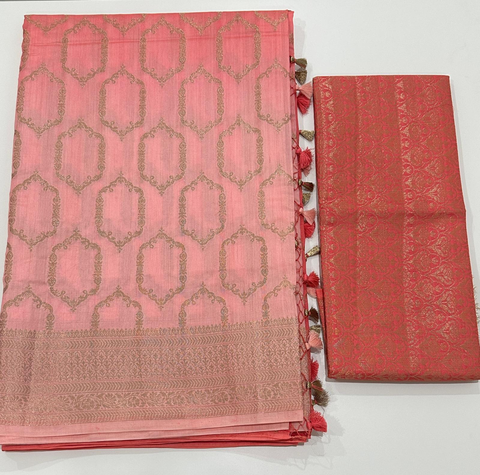 Fancy Chiniya silk saree with peach ombre dye and gold zari border