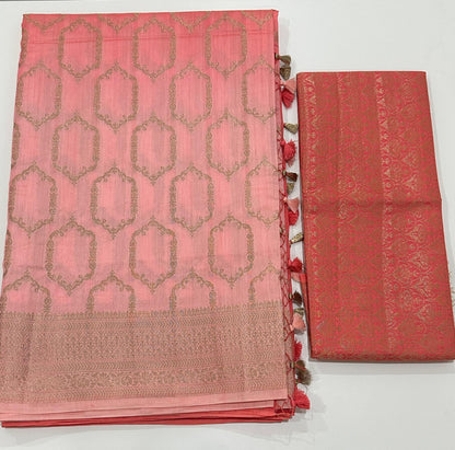 Fancy Chiniya silk saree with peach ombre dye and gold zari border