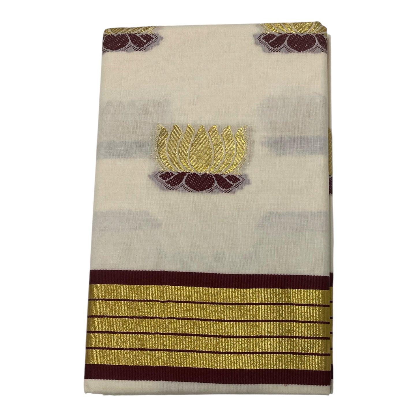 Kerala Onam Saree with Maroon & Gold Border and Lotus Motifs