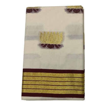 Kerala Onam Saree with Maroon & Gold Border and Lotus Motifs