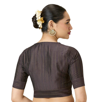 Grey Cotton Silk Blend Ready-to-Wear Saree Blouse with Zari Stripes – V Neck, Elbow Sleeves