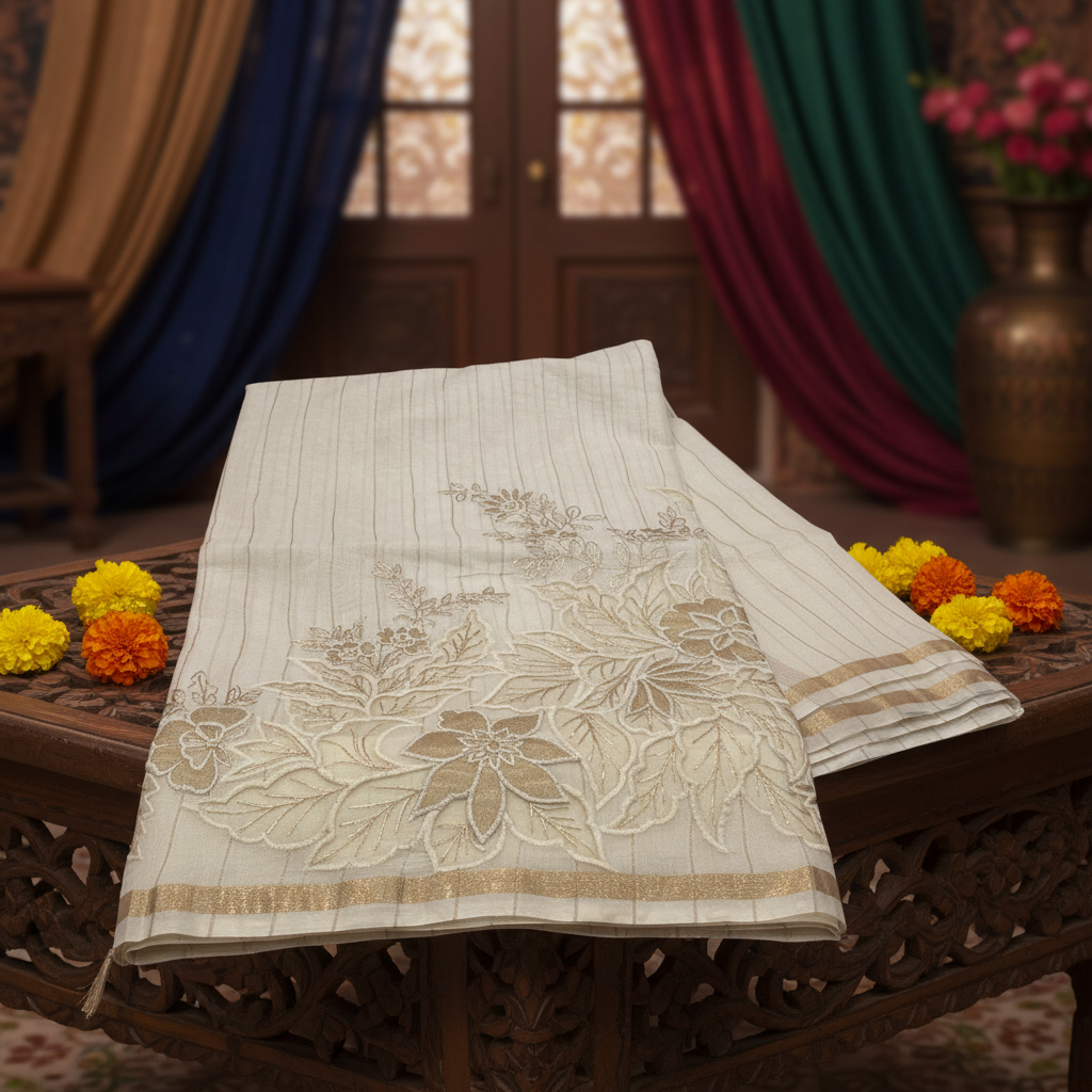 Fancy Chanderi Saree in Off White with Rich Embroidery Work