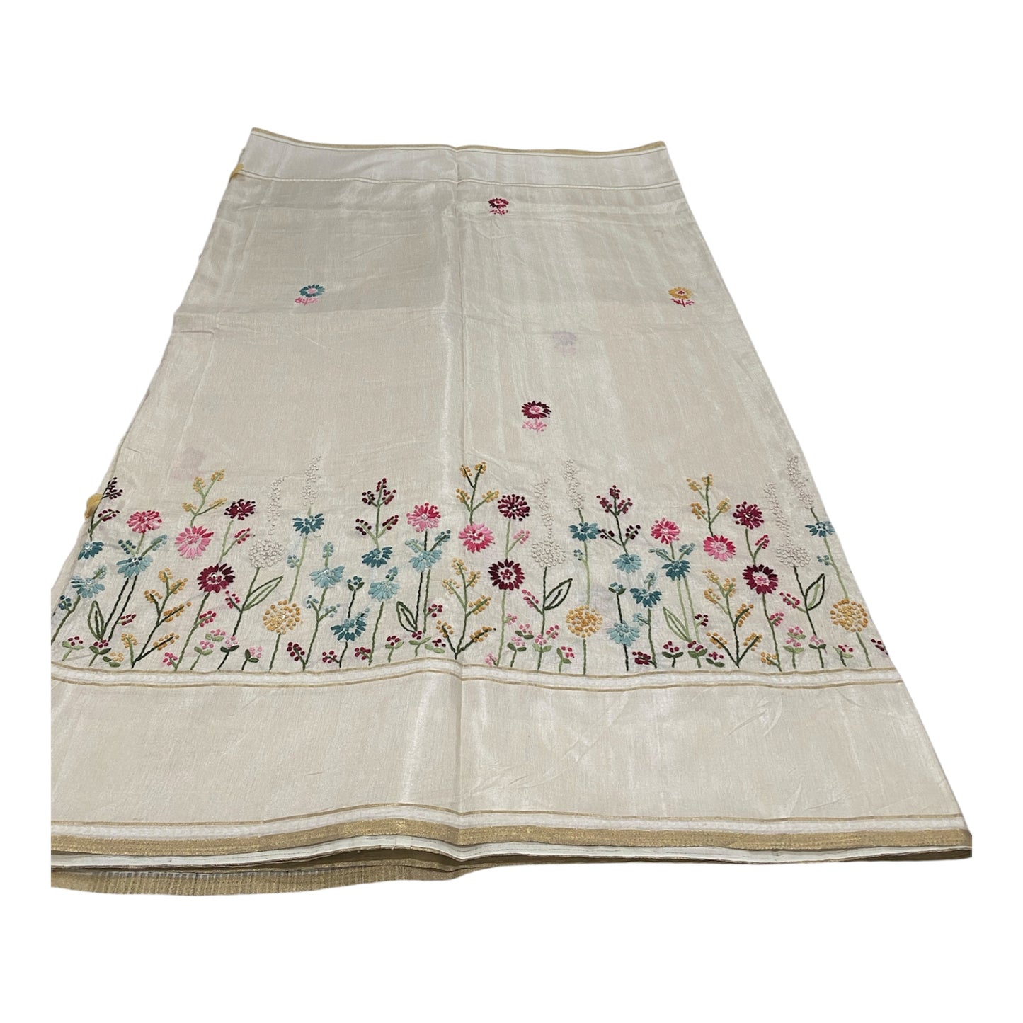 Fancy Tussar Saree in Off White with Kantha Work and Floral Border