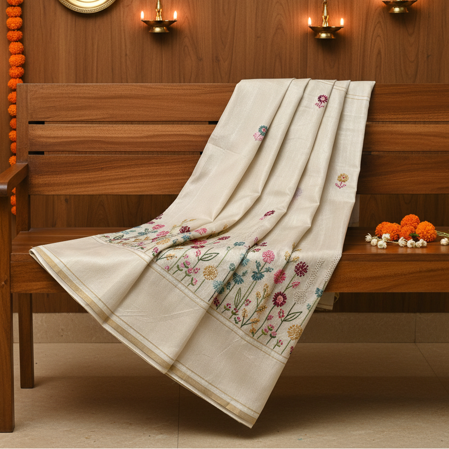 Fancy Tussar Saree in Off White with Kantha Work and Floral Border