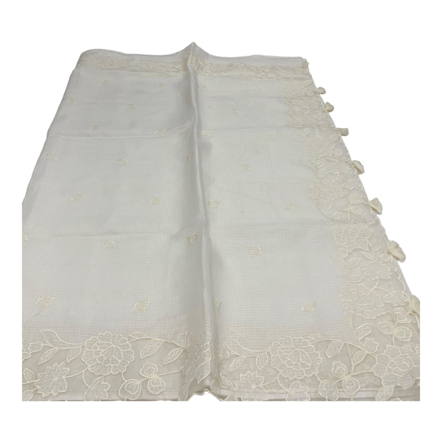 Fancy Kota Saree in White with Scallop Borders and Thread Work