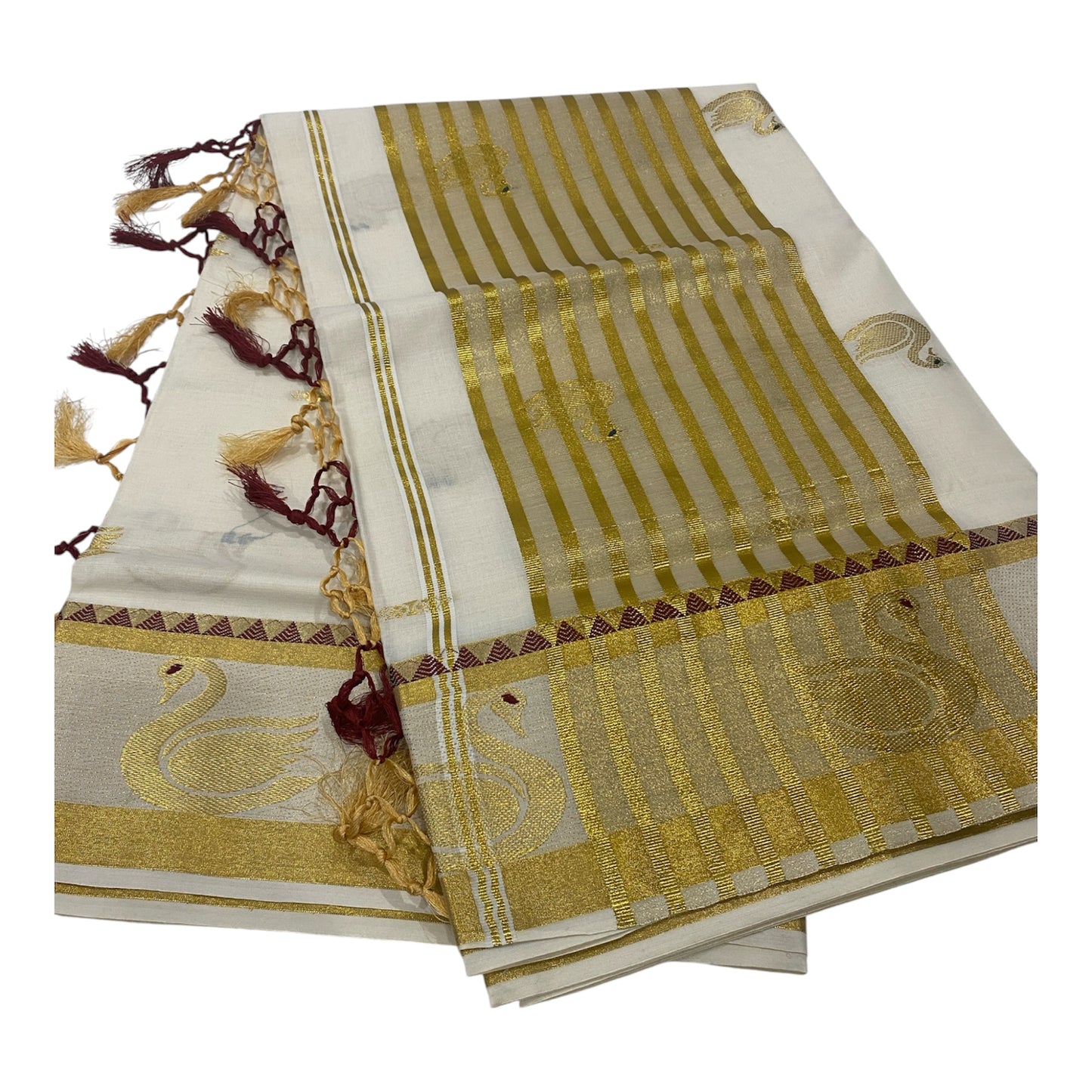 Premium Onam Cotton Saree in White with Golden Swan Buttas