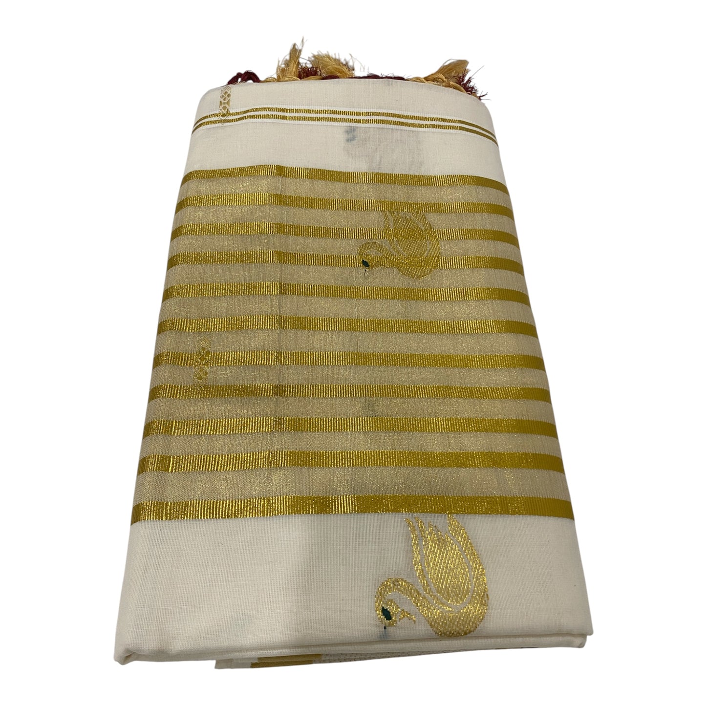 Premium Onam Cotton Saree in White with Golden Swan Buttas