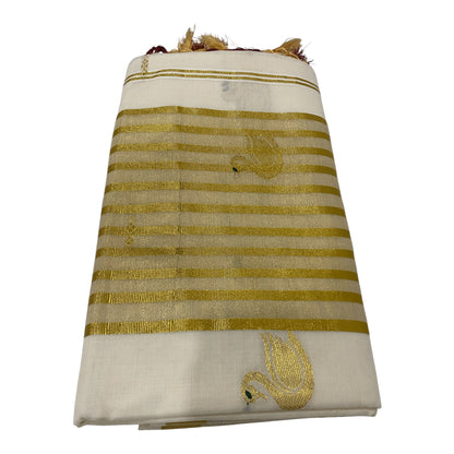 Premium Onam Cotton Saree in White with Golden Swan Buttas