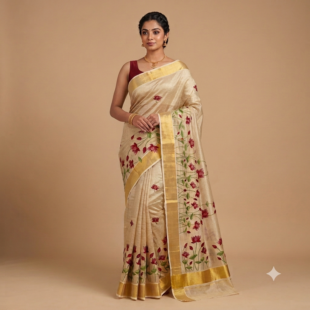 Premium Tissue Saree in Gold with Maroon Floral Motifs - ONAM10