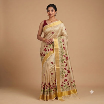 Premium Tissue Saree in Gold with Maroon Floral Motifs - ONAM10