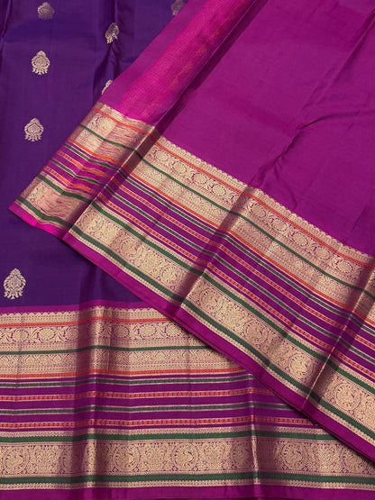 Powerloom Pure Soft Kanchipuram Silk Saree – Royal Purple with Magenta Pallu & Silk Mark Certificate