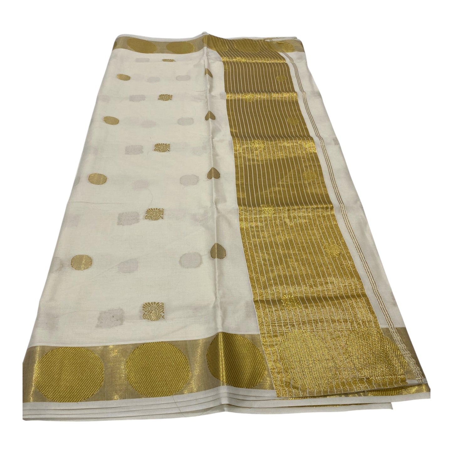 Premium Cotton Saree in Off-White with Golden Buttas and Polka Dot Border