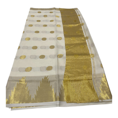 Premium Cotton Handloom Replica Saree in Off-White with Polka Dots and Temple Border