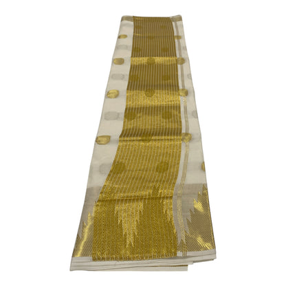 Premium Cotton Handloom Replica Saree in Off-White with Polka Dots and Temple Border