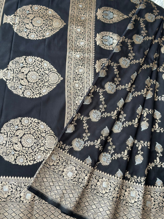 Banarasi Katan Saree In Black Silver Combination
