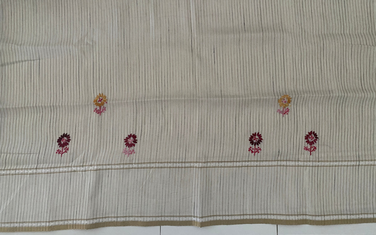 Fancy Tussar Saree in Off White with Kantha Work and Floral Border