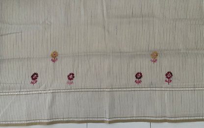 Fancy Tussar Saree in Off White with Kantha Work and Floral Border