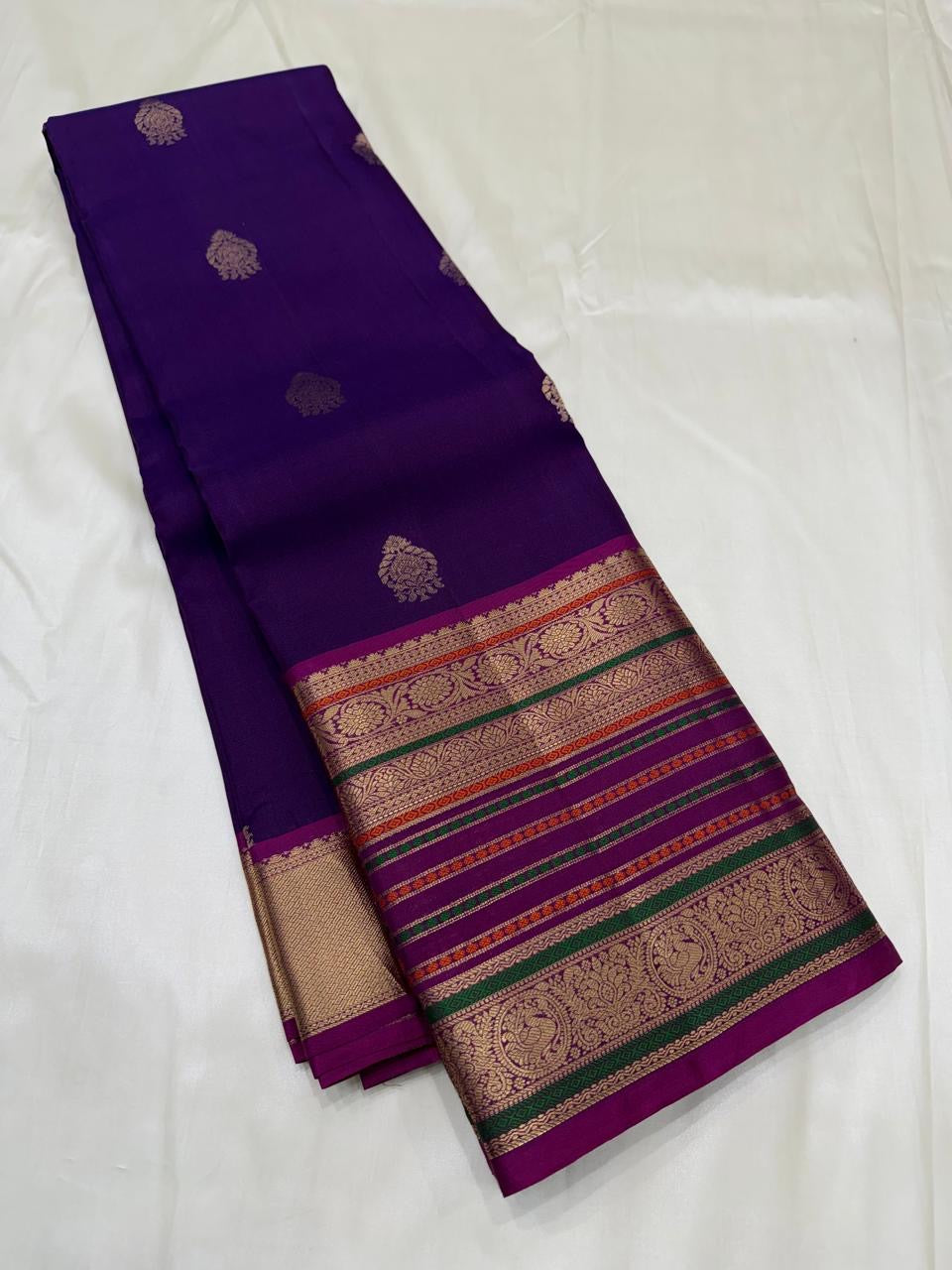 Powerloom Pure Soft Kanchipuram Silk Saree – Royal Purple with Magenta Pallu & Silk Mark Certificate