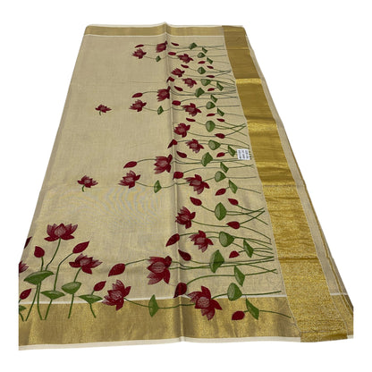Premium Tissue Saree in Gold with Maroon Floral Motifs