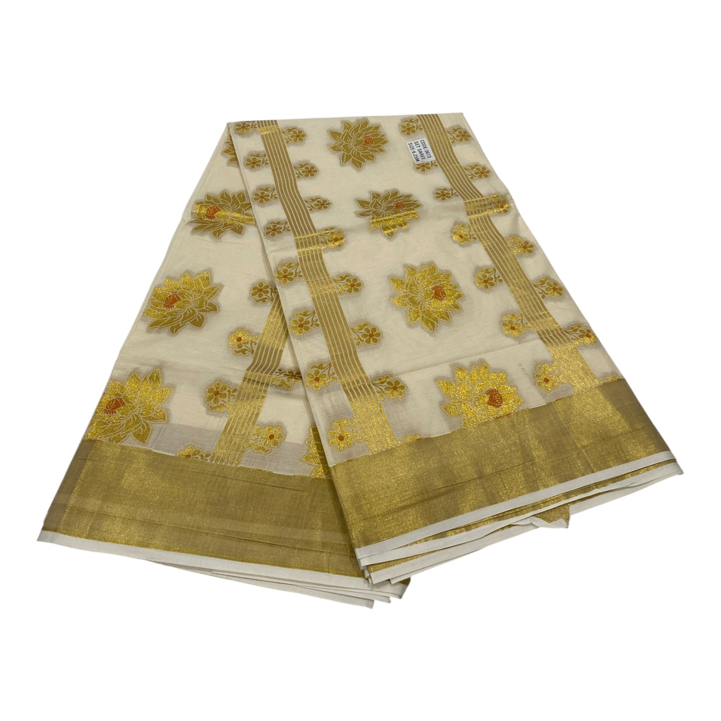 Premium Cotton Saree in Cream with Gold and Orange Floral Motifs