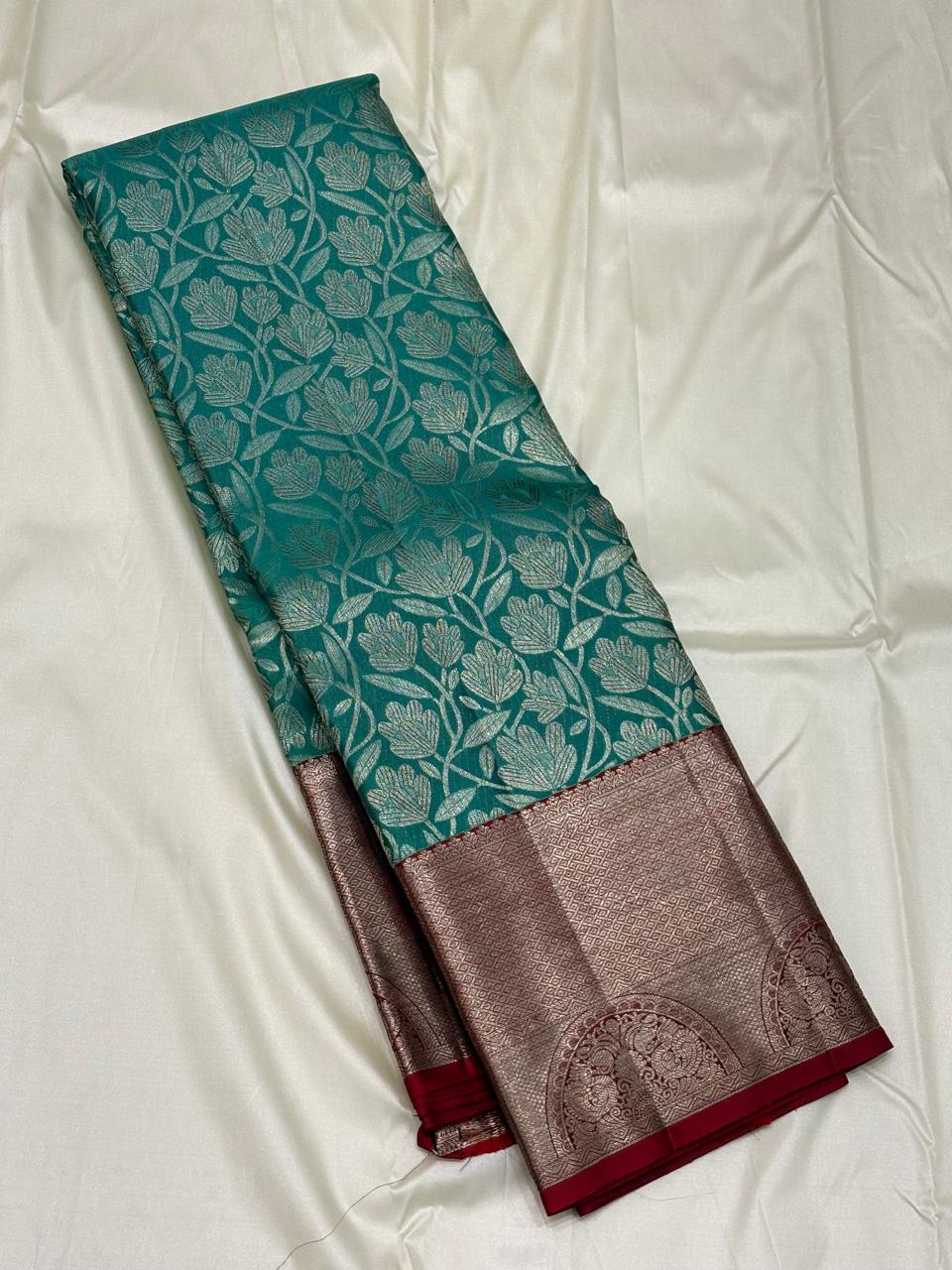 Handloom Kanchipuram Silk Saree – Teal & Red with Antique Zari Border
