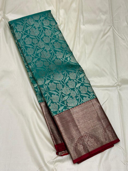 Handloom Kanchipuram Silk Saree – Teal & Red with Antique Zari Border