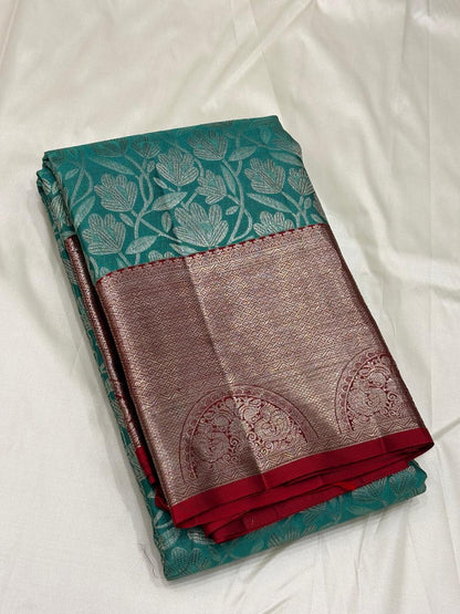 Handloom Kanchipuram Silk Saree – Teal & Red with Antique Zari Border