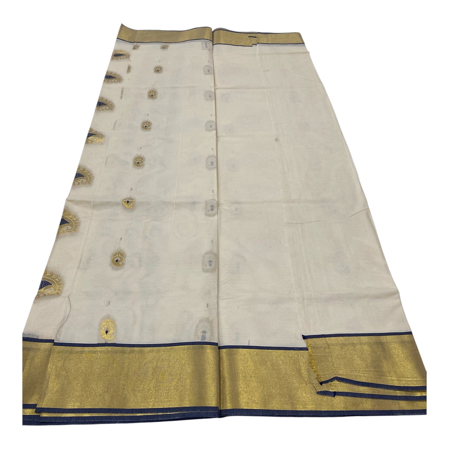 Premium Cotton Saree in Cream with Gold and Navy Blue Buttas