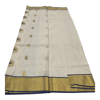 Premium Cotton Saree in Cream with Gold and Navy Blue Buttas