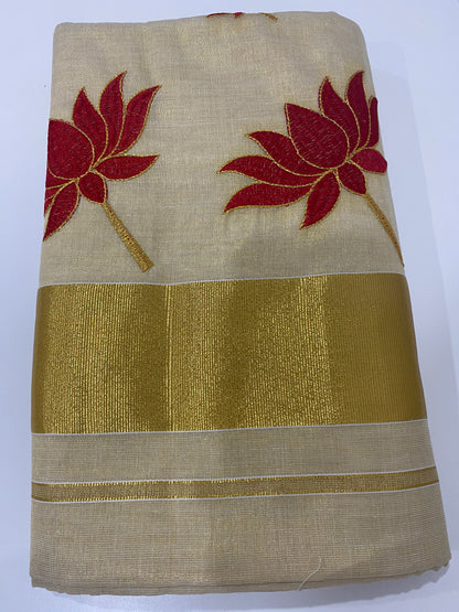 Tissue Saree in Gold with Red Lotus Motifs