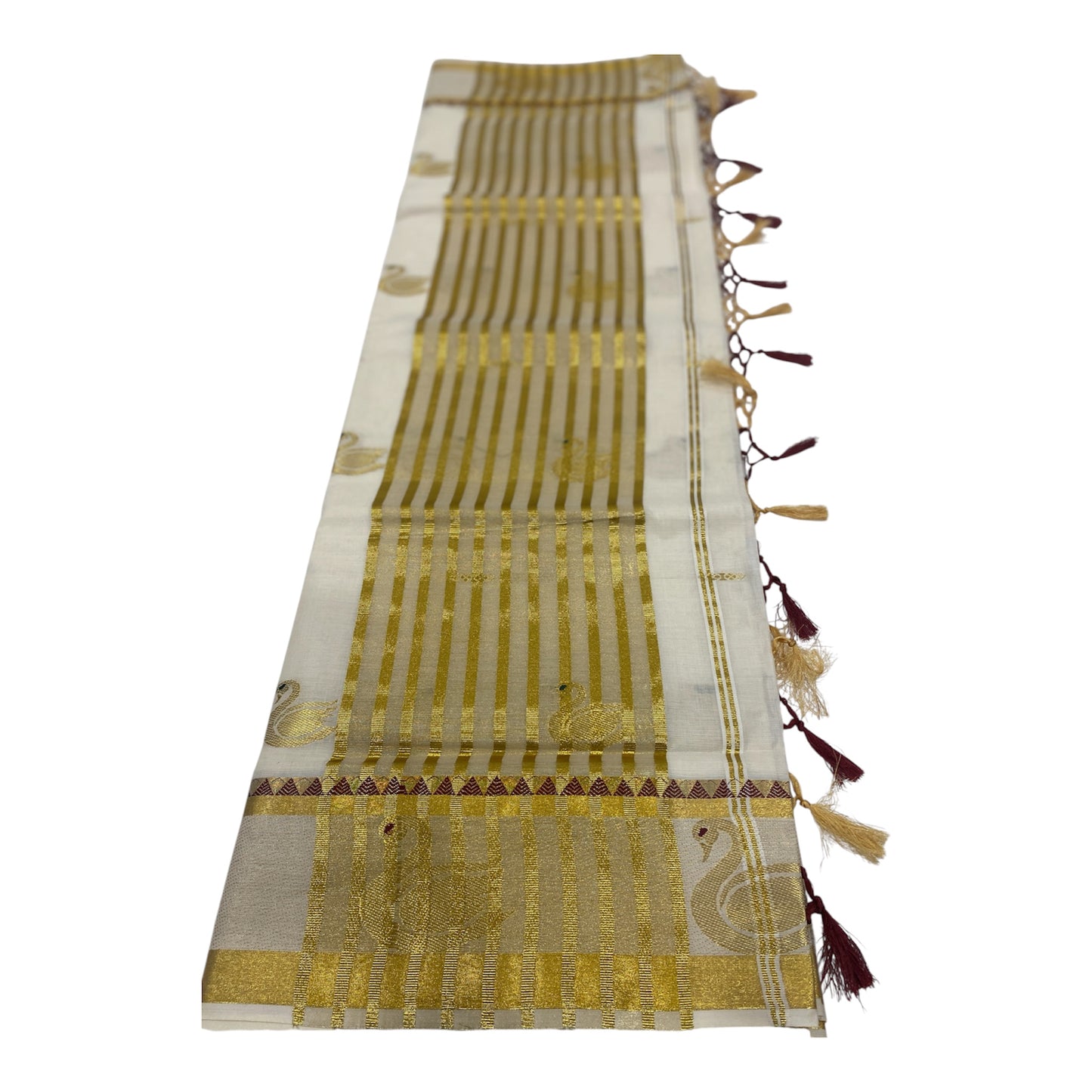 Premium Onam Cotton Saree in White with Golden Swan Buttas