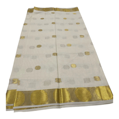 Premium Cotton Saree in Off-White with Golden Buttas and Polka Dot Border