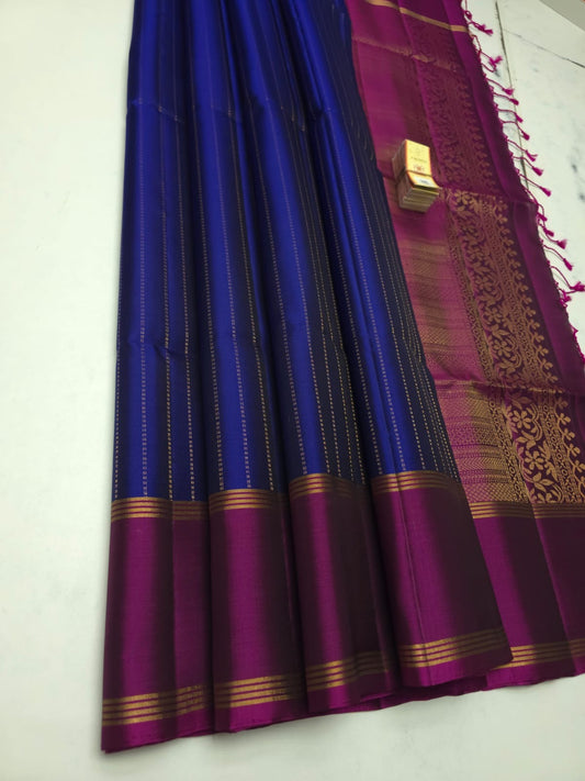 Royal Blue Handloom Pure Soft Silk Saree with Magenta Rettai Pettu Border - Silk Mark Certified